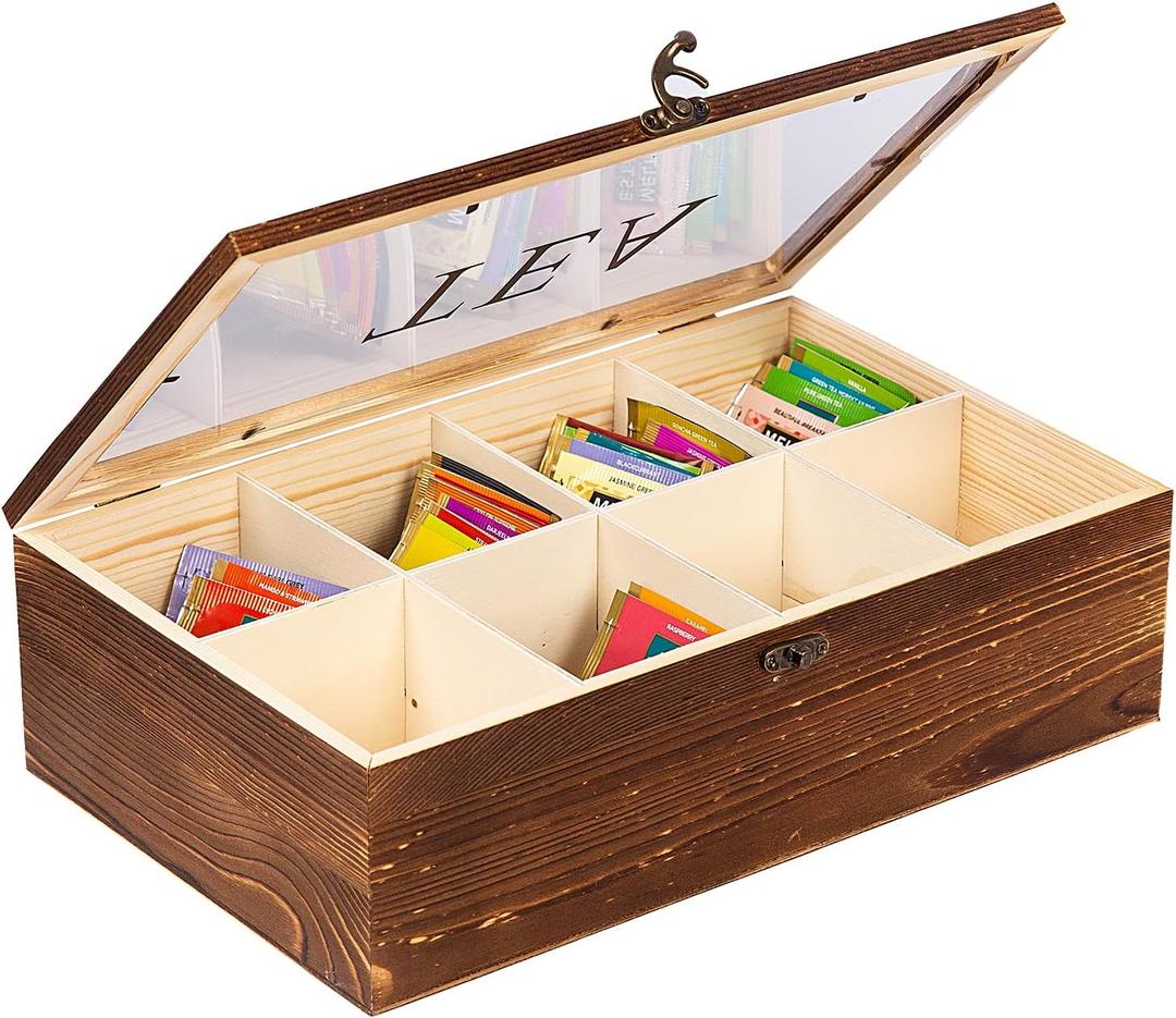Rustic Torched Wooden Tea Bag Organizer Multiple Compartments Acrylic Clear Lid Dark Brown Burnt Wood Teabag Storage Divider Chest Holder TEA Lettering Vintage Style Latch Desktop Countertop