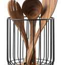 Kitchen Utensil Holder, Large Wire Utensil Holder for Kitchen Counter (W6.2” x H7.5”) with Acacia Base