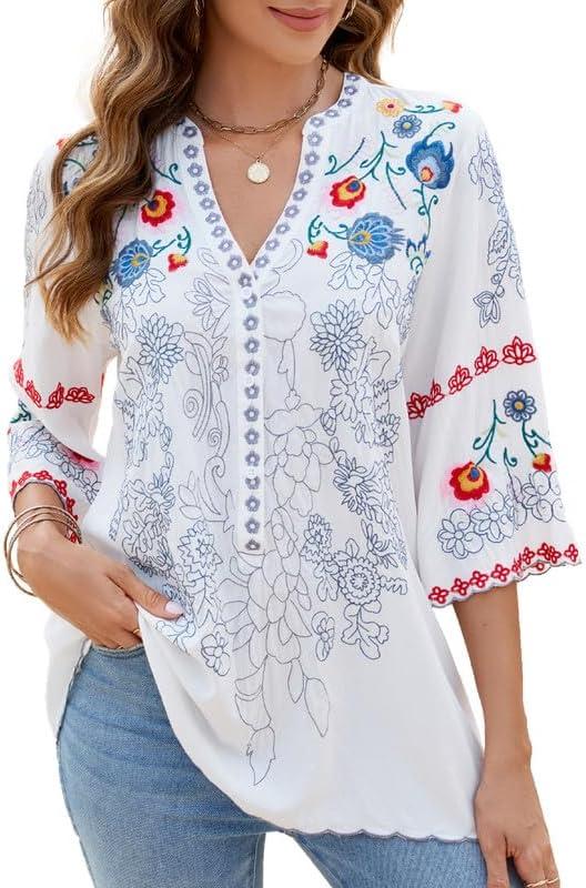 Mexican Shirts Peasant Blouses Cotton Embroidered 3/4 Sleeve Summer V Neck Tunic Bohemian Tops Boho Clothes for Women (Large, White)