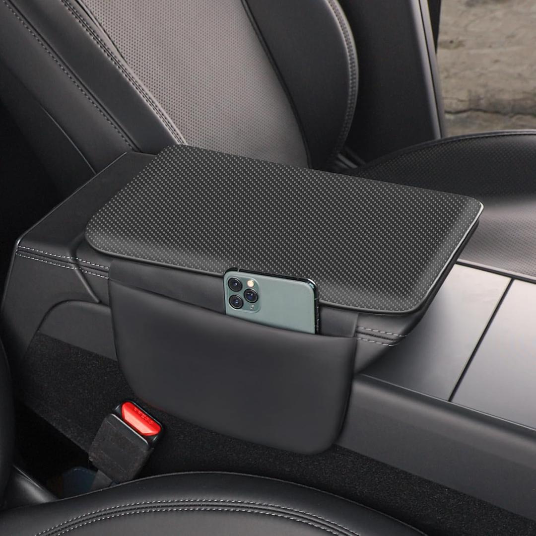 Car Armrest Cover Pad - Nappa Leather Car Center Console Cover with Breathable Holes, Non-Slip Auto Arm Rest Cushion, Universal Car Interior Accessories Fit forTesla Model Y (Black)