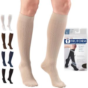 Truform Compression Socks, 15-20 mmHg, Women's Dress Socks, Knee High Over Calf Length, Tan Rib Knit, Small