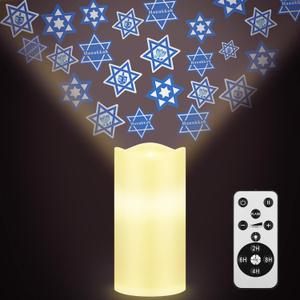 Hanukkah Light Decor Indoor Chanukah Projector Candle Chanukah Jewish Decorations Star of David Hanukkah Menorah Decor Blue LED Flameless Candle Battery Night Light with Remote Timer Xmas Party
