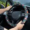 Flowers and Strawberries Steering Wheel Cover Auto Leather Steering Wheel Protector, Anti-Slip, Breathable, Absorbing Sweat, Universal Car Accessories 14.515 inch,Fit for Most Car, Trucks, SUV