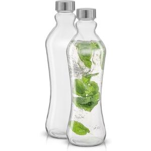 JoyJolt Glass Water Bottles - 2pc Set, 32 oz/1 Liter, Clear Glass with Stainless Steel Lids, Leakproof, Ideal for Juicing or Iced Tea