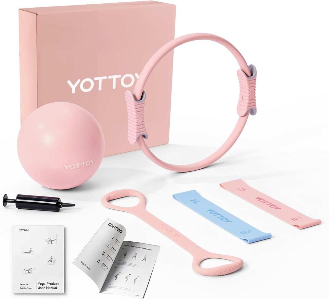 YOTTOY Pilates Ring and Ball Set, Figure 8 Resistance Bands, Stretch Bands & Guide, Pilates Equipment Set for Beginners for Home Workouts Core Strength, Yoga, Physical Therapy & Rehab, Pink 15in