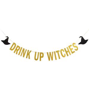 2 x Gold Drink Up Witches Banner Halloween Bachelorette Witches Banner Witches Halloween Party Banners for Witch Bachelorette Party Decorations