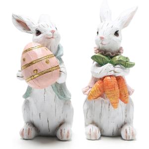 Hodao Easter Bunny Decorations Spring Home Decor Bunny Figurines Gifts(Easter White Rabbit 2pcs)