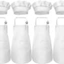 CHENGU 8 Pcs Kids Apron and Chef Hat Set Child Aprons 2 Pocket for Boy Girl Toddler Cooking Painting, Ages 2-13(White, Small)