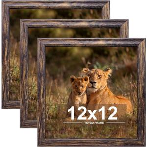 12x12 in Picture Frame set of 3, Horizontal and Vertical Formats for Wall Hanging, 12 x 12 Square Wall Gallery Poster Photo Frame Brown with Shatter Resistant Plexiglass,best gift