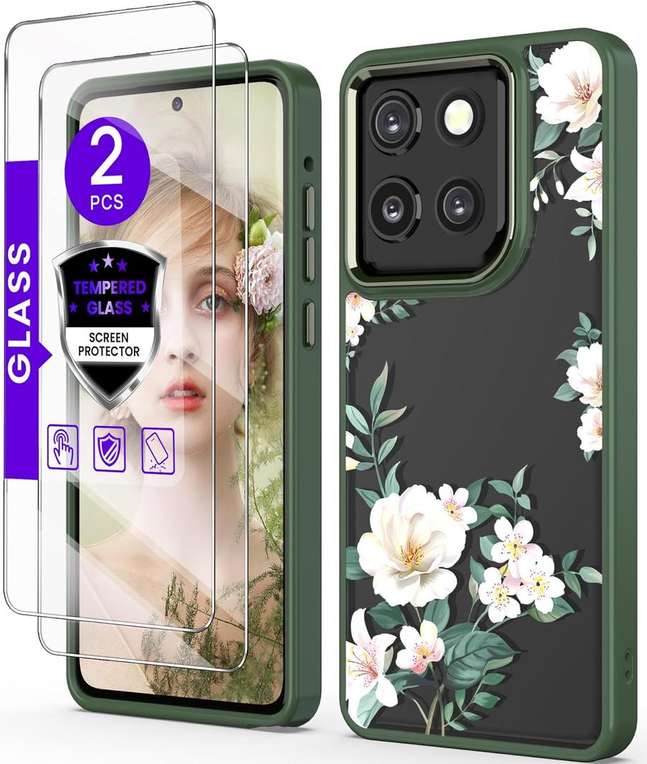 for Motorola Moto G Stylus 5G 2025 Case+Tempered Glass Screen Protector, Military Grade Protective Slim Soft TPU + Hard PC, Girls Women Crystal Clear Flower Pattern Case Cover (Magnolia)