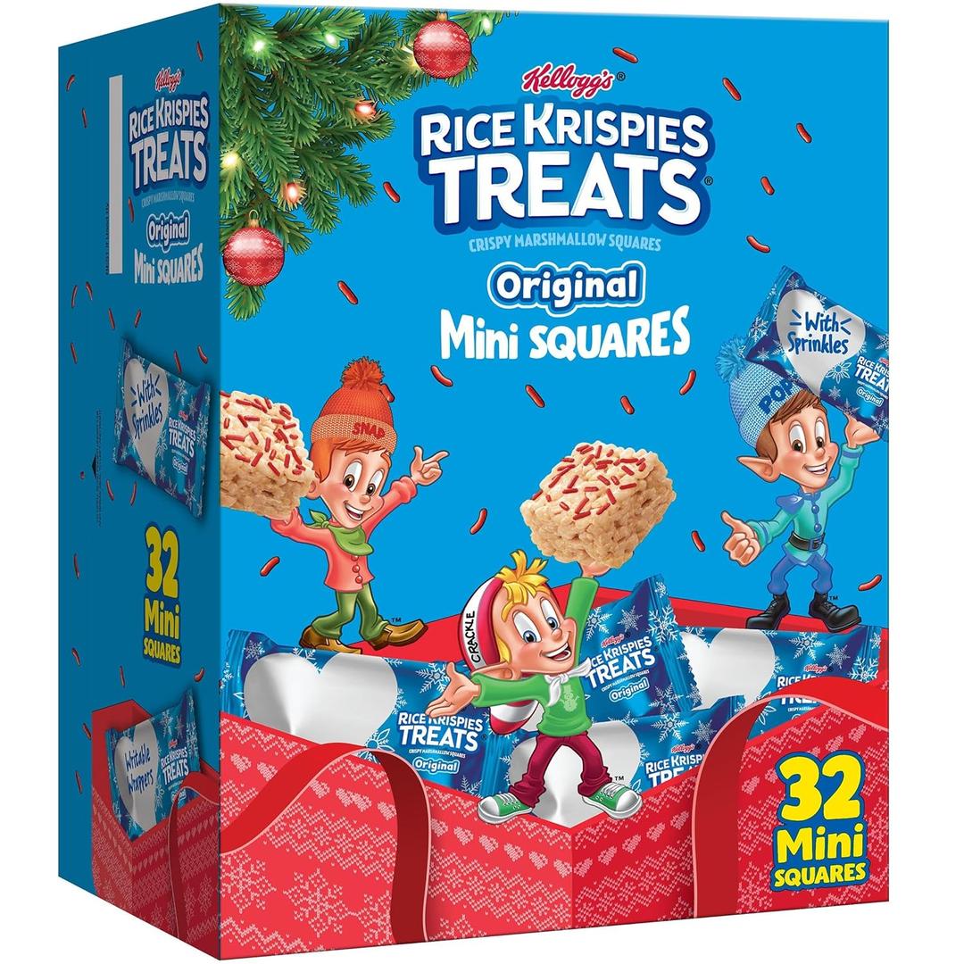Rice Krispies Treats Mini Marshmallow Cereal Bars, Holiday Snacks, Original with Holiday Sprinkles, 12.4oz Box (32 Count), (EXP 06/18/26)