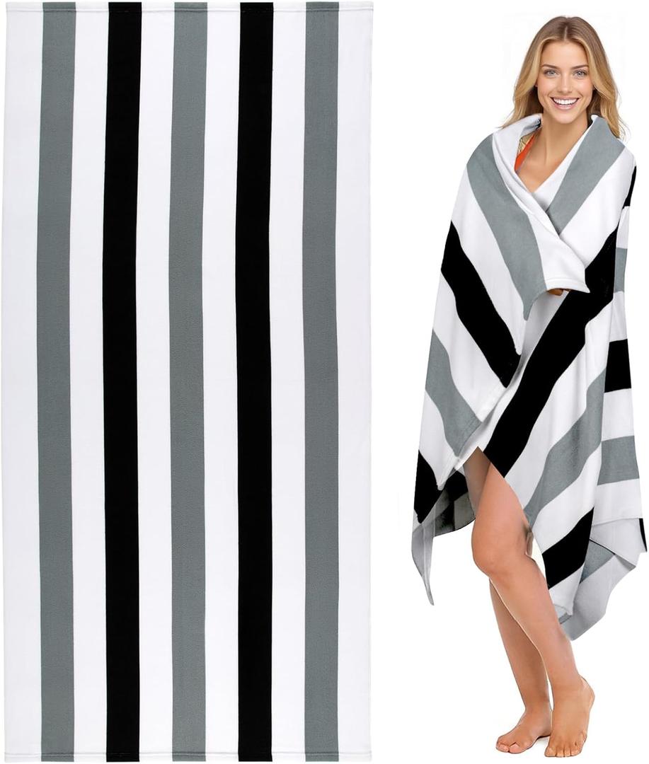cabanana Large Oversized Beach Towel - Microfiber Sand Free 35 x 70 Inch Quick Dry Lightweight Pool Towel for Adults, Thin Striped Swim Towel (Black)