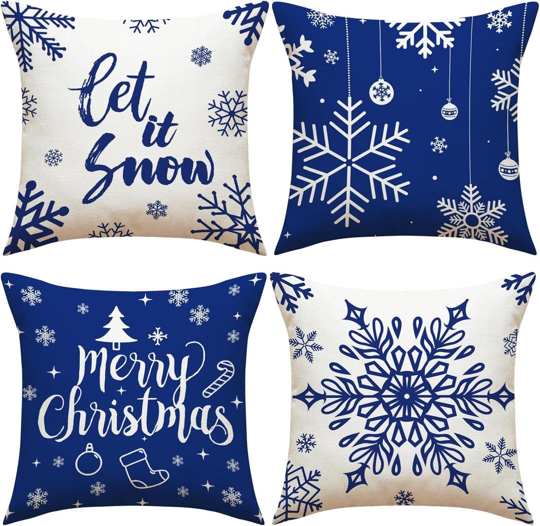 Merry Christmas Throw Pillow Covers Winter Holiday Snowflake Xmas Throw Pillow Covers 18 x 18 Inches Set of 4 Blue and White Cushion Case for Home Couch