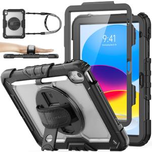 SEYMAC stock Case for iPad (A16) 11th/10th Generation 11''/10.9'' 2025/2022, Full-Body Drop Protection Case with Screen Protector &360 Rotate Hand Strap/Stand, Transparent+Black