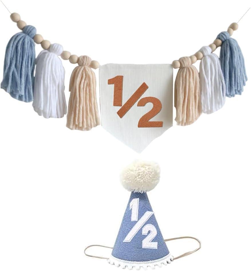 Half Birthday Decorations for Baby Boy Blue Handmade 1/2 High Chair Banner with Cone Hat for Half Way To One Baby Boy 1/2 Birthday Wall Hangings Decorations