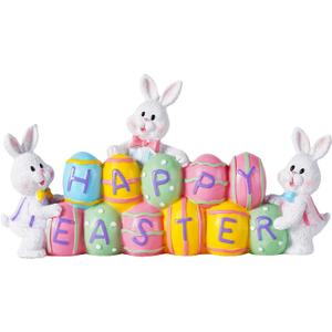 3 Bunny Holding Eggs and Happy Easter Decorations, Resin Easter Bunny Rabbits Figurine Tabletop Centerpiece for Spring Decor Easter Home Office Party Decor