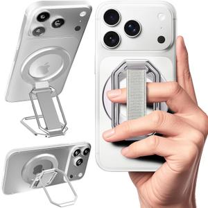 (2025 Upgraded) 4-in-1 Magnetic Phone Grip Stand for MagSafe with Finger Strap Loop, Removable Ring Holder for iPhone 17 Pro Max 16 15 14 13 12,Kickstand for Hands-Free View at Home Work Travel, Silver