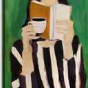 Tertiosh Emerald Green Modern Reading Woman Canvas Wall Art Books and Coffee Wall Decor Pictures Simple black and white stripes painting Abstract Female Portrait Print Office library decoration 12x16