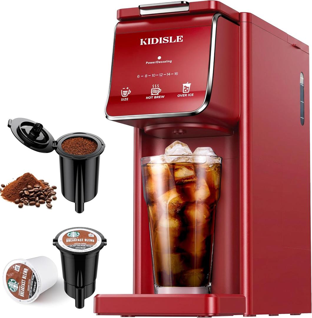 KIDISLE Single Serve Coffee Maker for K Cup & Ground Coffee Hot & Iced, 6-16oz Sizes, 40oz Water Tank, Reusable Filter, Compact for Home Office Dorm, Red