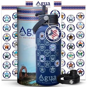 AguaTrek National Parks Water Bottle with Stickers, 32 oz Leakproof Insulated Water Bottle with Straw and Spout Lids, Laser Engraved parks of the USA Bucket List, 63 Vinyl Waterproof stickers, Old Glory Blue