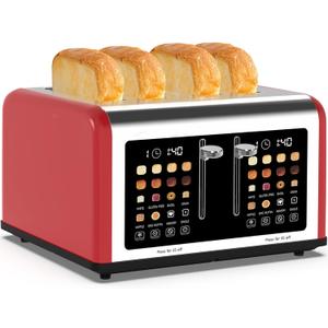 4 Slice Toaster Touch Screen, Stainless Steel Toasters Digital Timer, Dual Control Panel Toasters, 8 Shade Settings 6 Bread Types for Bagel, Cancel, Defrost 1650W Red