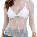 MEROKEETY Womens Mesh Sheer Lace Long Sleeve Tops 2026 See Through Mock Neck Shirt Fashion Blouses Date Night Outfit Clothes (White, S)