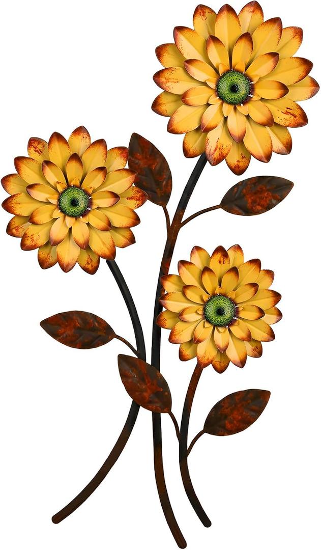 Xuhal Metal Flower Wall Art, 15.75 Inch Vintage Daisy Wall Decor, Not 3D, Flat Rustic Metal Floral Hanging Farmhouse Spring Leaf Sculpture for Living Room Bedroom Indoor Outdoor(Yellow)