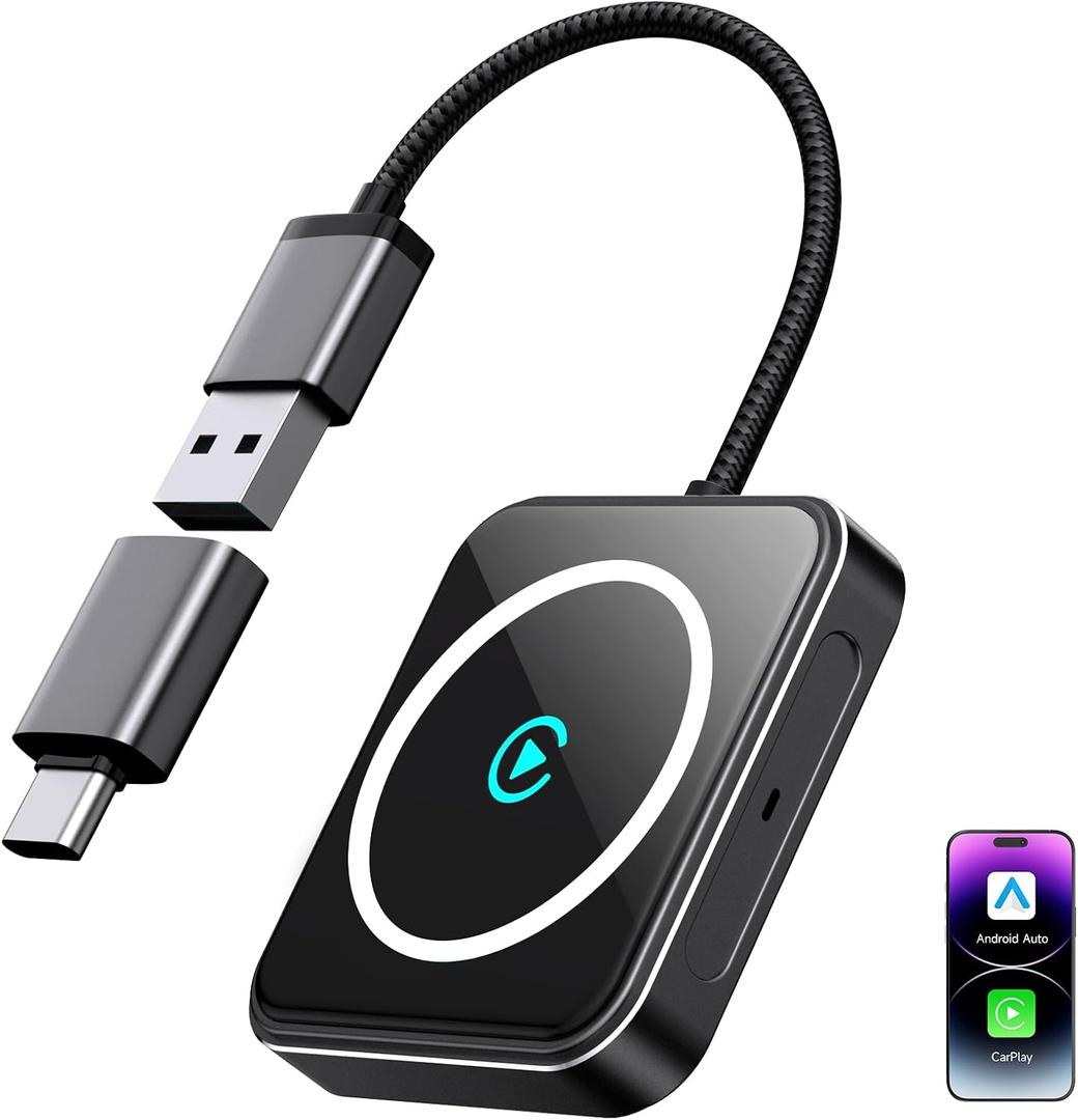 Wireless CarPlay Adapter for iPhone & Android, 2-in-1 Apple CarPlay Wireless Adapter, Plug & Play, Low Latency, USB-A/C, Converts Wired to Wireless CarPlay (iOS 10+, Android 11+)