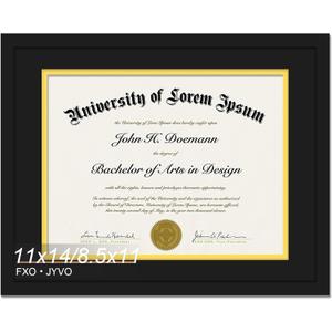 Black 11x14 Diploma Frame, Display Document 8.5 x 11 with Mat or 11 x 14 Without Mat, Certificate Frame with Black&Gold Mat for Masters Associates Bachelor Degree - 1 Pack,  Black Mat Black&Gold