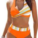 AI'MAGE Women's High Waisted Bikini Sets Tummy Control Swimsuits 2026 Two Piece Bathing Suits Color Block Halter Swim Suits (Orange, L)