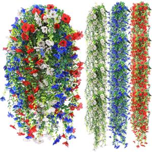 12 Pcs 4th of July Artificial Hanging Flowers Outdoor Red Blue White Fake Trailing Plants Patriotic Silk Memorial Day Flower Arrangement for Independence Veterans Porch Patio Yard Decor