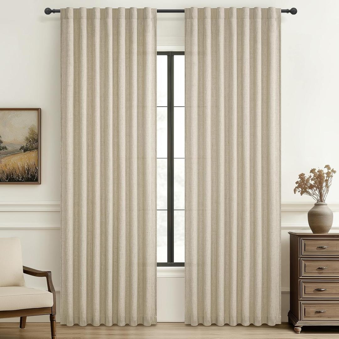 Natural Melange Linen Semi Sheer Curtains & Drapes 84 Inch Length 2 Panels Set for Living Room,Warm Beige Pleated Light Filtering Thick Cortinas Para Sala Privacy Window Burg Decor 52"Wx84"L,Tiebacks