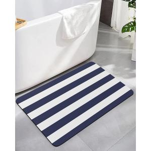 Bath Mat, Nautical Navy Blue White Stripes Quick Dry Bathroom Rugs Non Slip Absorbent Thin Shower Rug Floor Mat for Bathroom, Bathtub,Sink, 20"x32"