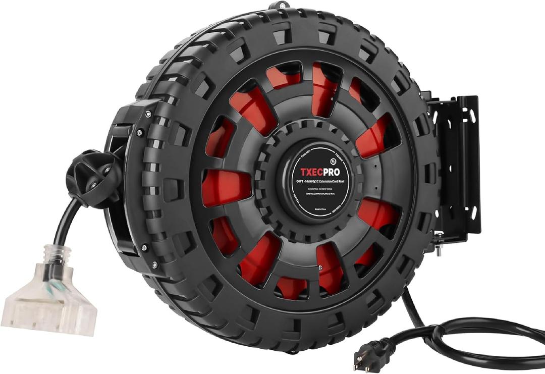65FT Retractable Extension Cord Reel, 12AWG/3C SJTOW Heavy Duty Power Cord with Lighted Triple Tap Outlet, 15A, Swivel Removable Bracket for Wall/Ceiling Mount, UL Listed