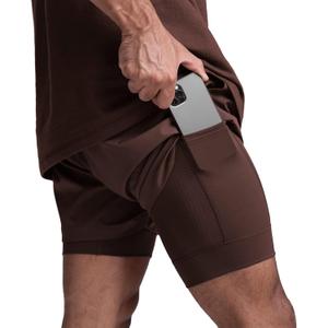 DIOTSR Mens 2 in 1 Running Workout Shorts for Men Lightweight Training Shorts Quick Dry Gym Shorts with Phone Pocket (Small, Brown)