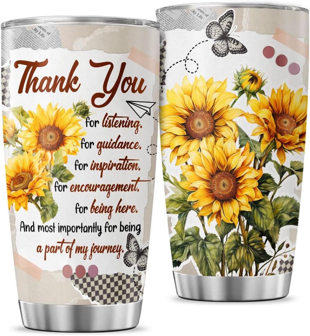 Thank You Gift for Teacher or Mentor, 20oz Sunflower Stainless Steel Tumbler with Inspirational Quote, Vacuum Insulated Appreciation Travel Mug for Women, Coworkers, Friends