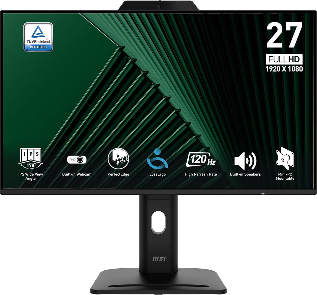 MSI PRO MP272PMG, 24-inch IPS 1920 x 1080 (FHD) Computer Monitor, 120Hz, Webcam, Adaptive-Synch, EPEAT Silver, HDMI, DisplayPort, VGA Port, VESA Mountable, Tilt, Height Adjustable, Speaker, 1ms, Black