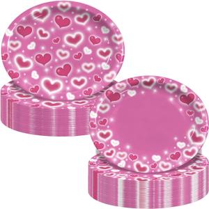 Valentines Day Plates, Early 2000s Glitter Pink Heart Disposable Paper Plates, Valentines Day Decorations Oval Plate for Valentine Day Galentines Day Wedding Anniversary Engagements, Serve 50