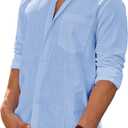 DEMEANOR Mens Linen Shirt Long Sleeve Casual Cotton Solid Regular Fit Wedding Summer Beach Button Down Shirt (XX-Large, Blue)