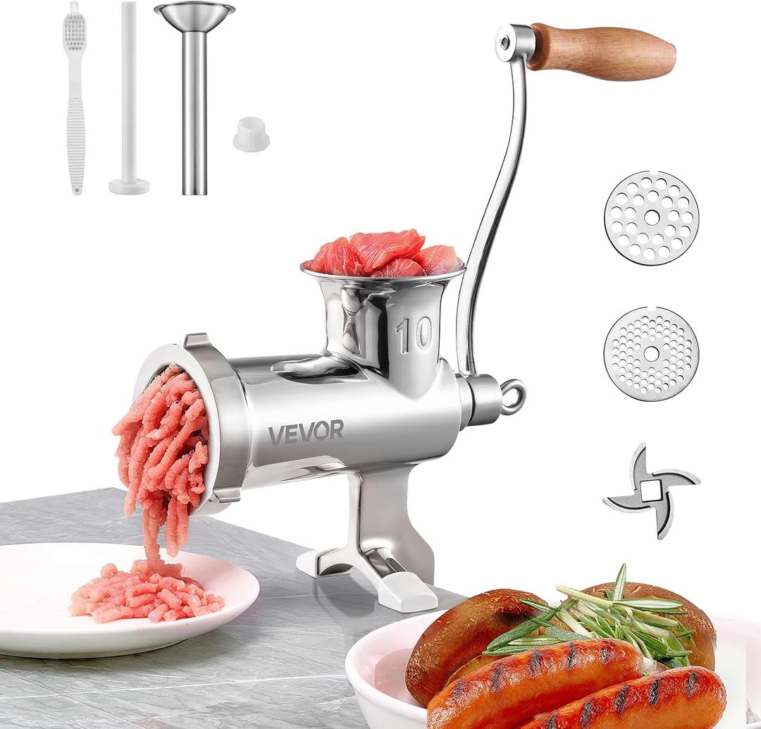 VEVOR Manual Stainless Steel Meat Grinder, 1.8" Clamp, 2 Grinding Plates, Sausage Stuffer, Ideal for Home Kitchen Restaurant Butchers Shop
