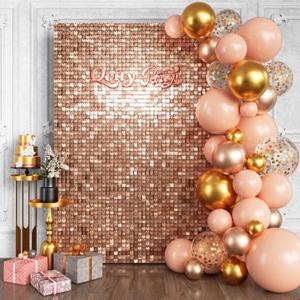 Qcity Rose Gold Shimmer Wall Backdrop 24PCS, Black Back Not See-Through Design, Square Sequin Glitter Backdrop Panel, Perfect for Outdoor Events, Birthdays, Wedding and Party Decoration