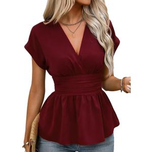 Astylish Women's Elegant Wrap V Neck Peplum Tops Short Sleeve Stretchy Ruched Ruffle Dressy Blouses Shirts (X-Large, Burgundy)