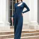 RONGTAI One Piece Jumpsuit for Women Long Sleeve Cutout Neck High Waist Dressy Casual Stright Leg Romper (Blue, L)