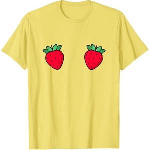 Strawberry Fruit Boobs Funny Summer Food T-Shirt (Yellow, S)
