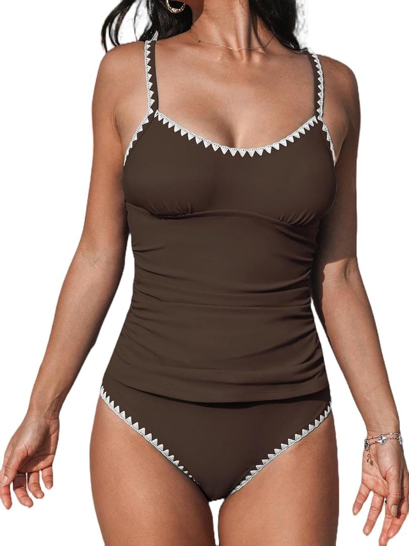 CUPSHE Women's Tankini Set Scoop Neck Ruched Mid Rise Swimsuit S