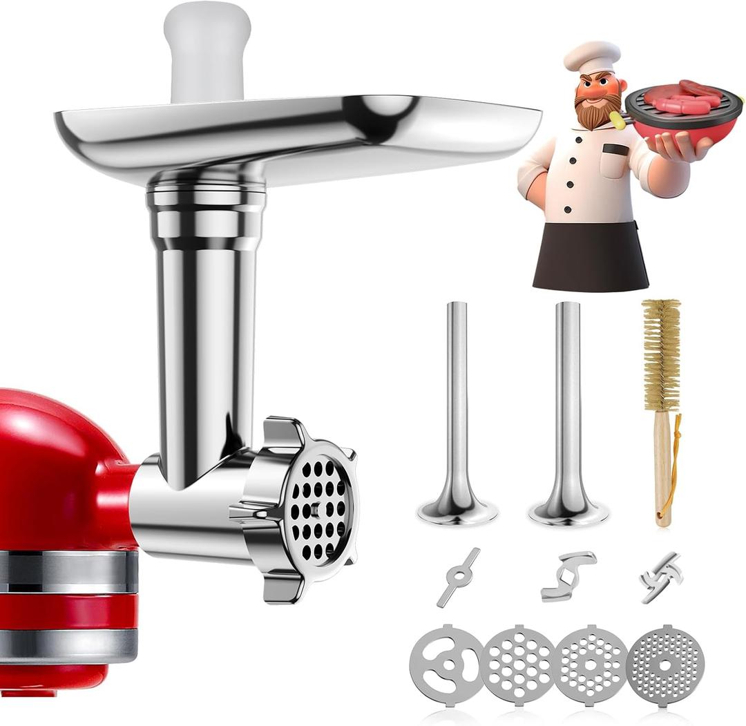 Metal Food Grinder Attachments for KitchenAid Stand Mixers, Meat Grinder, Sausage Stuffer, Perfect Mixer Attachment for KitchenAid Mixers, 15pcs Meat Grinder Accessories Set, Silver