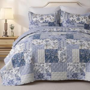 GOONE XL Queen Quilt Set 90x96 Inches, Blue Floral Boho Bedspread Farmhouse Bedding Set, Lightweight Coverlet Set, Reversible Bed Cover, Quilts Queen Size with 2 Pillow Shams All-Season (Romantic Garden)