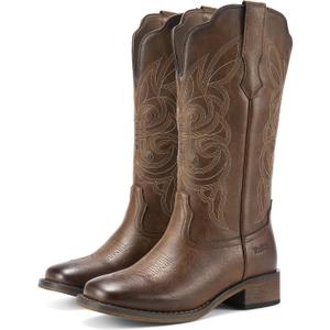 Rollda Cowgirl Boots Cowboy Boots for Women Square Toe Mid Calf Western Boots Ladies Fashion Boots with Chunky Heel 7.5