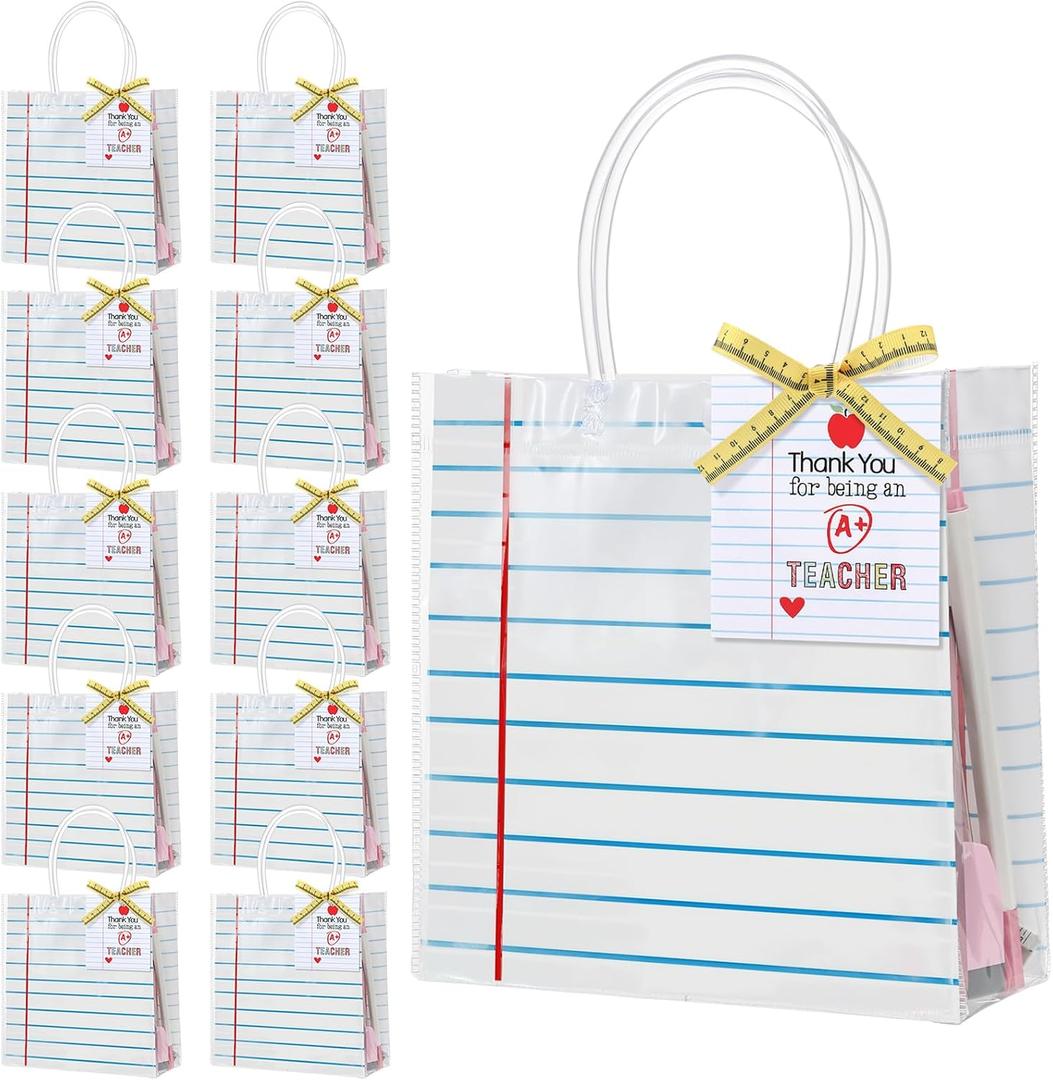 Frienda 24 Pcs Teacher Appreciation Gift Bags with Measuring Tape Ribbon Thank You Tags Clear PVC Notebook Style Gift Bags with Handle for Graduation End of Year Back to School Classroom Celebration