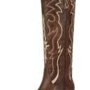 wetkiss Brown Cowboy Boots for Women Knee High Cowgirl Tall Boots with Classic Retro Embroidered Chunky Heel Slip On Pointed Toe Womens Western Boots for Girls Ladies Size 8.5